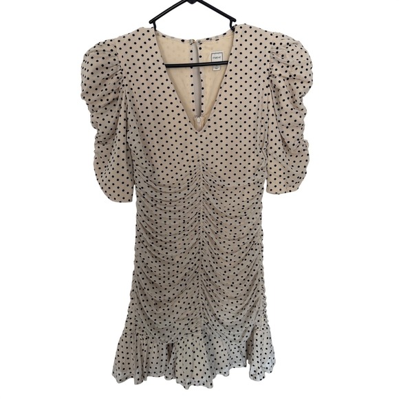 Maeve Dresses & Skirts - Maeve Anthropologie‎ Polka Dot Ruched Mini Dress Puff Sleeve Cream Black Size M